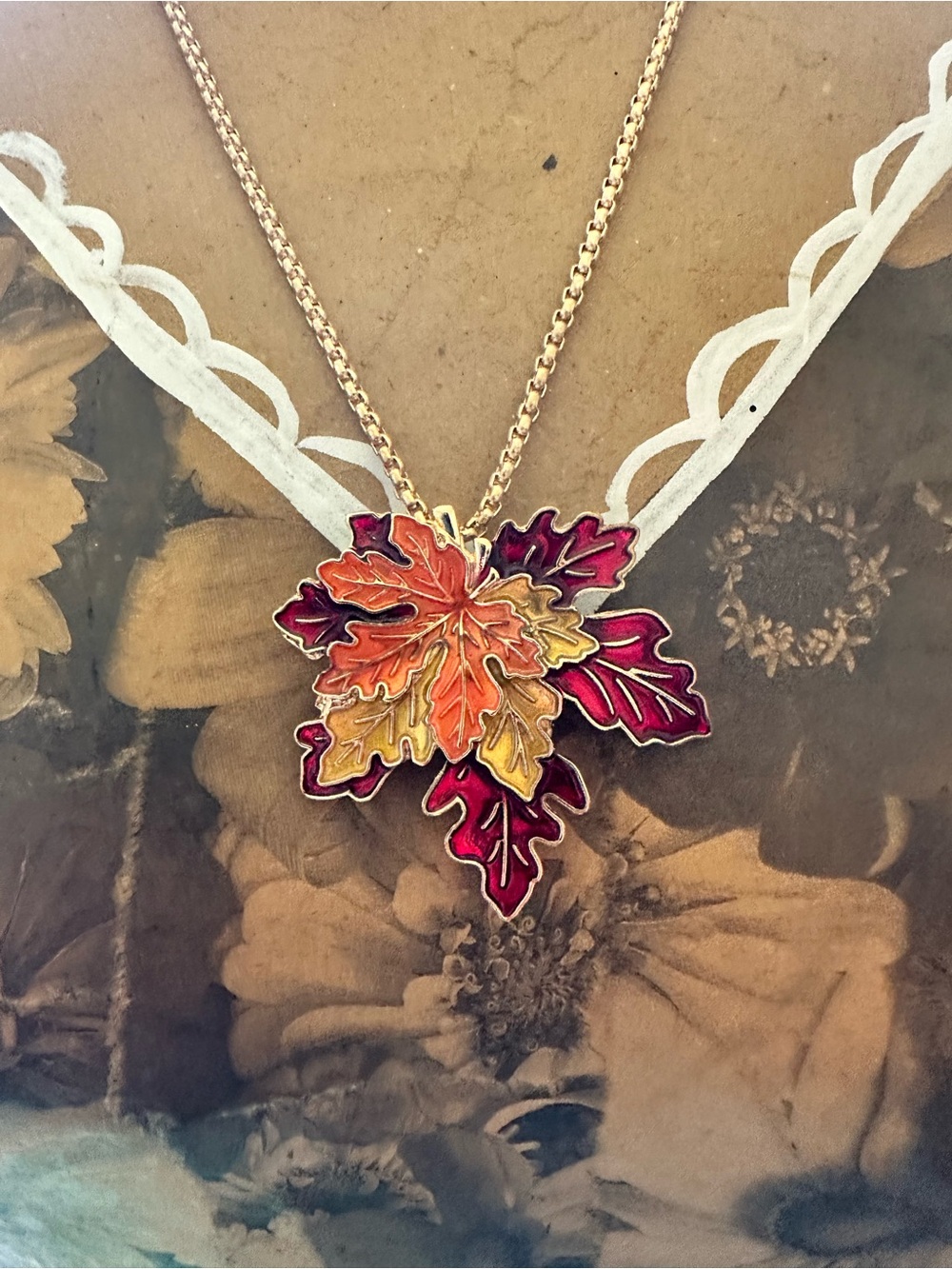 Gold-Tone Autumn Leaf Pendant Necklace and earrings in Red, Orange & Yellow
